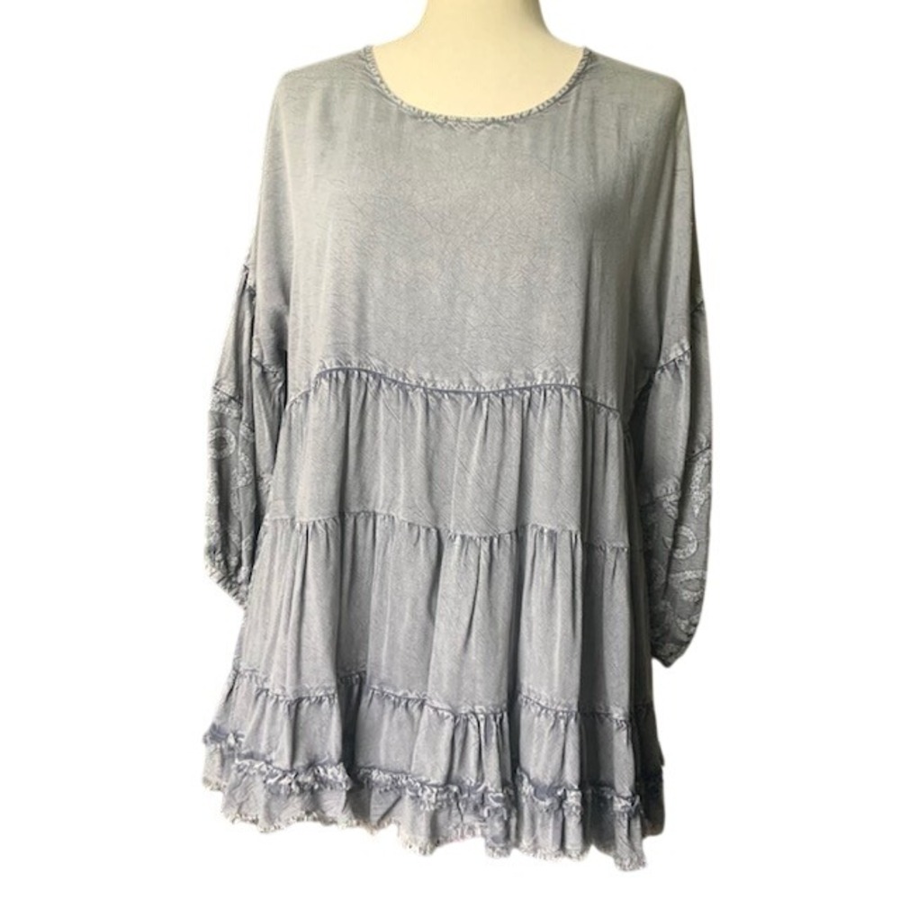 Boho Tiered Tunic Top L Gray Embroidered Statement Sleeve Lagenlook Prairie
